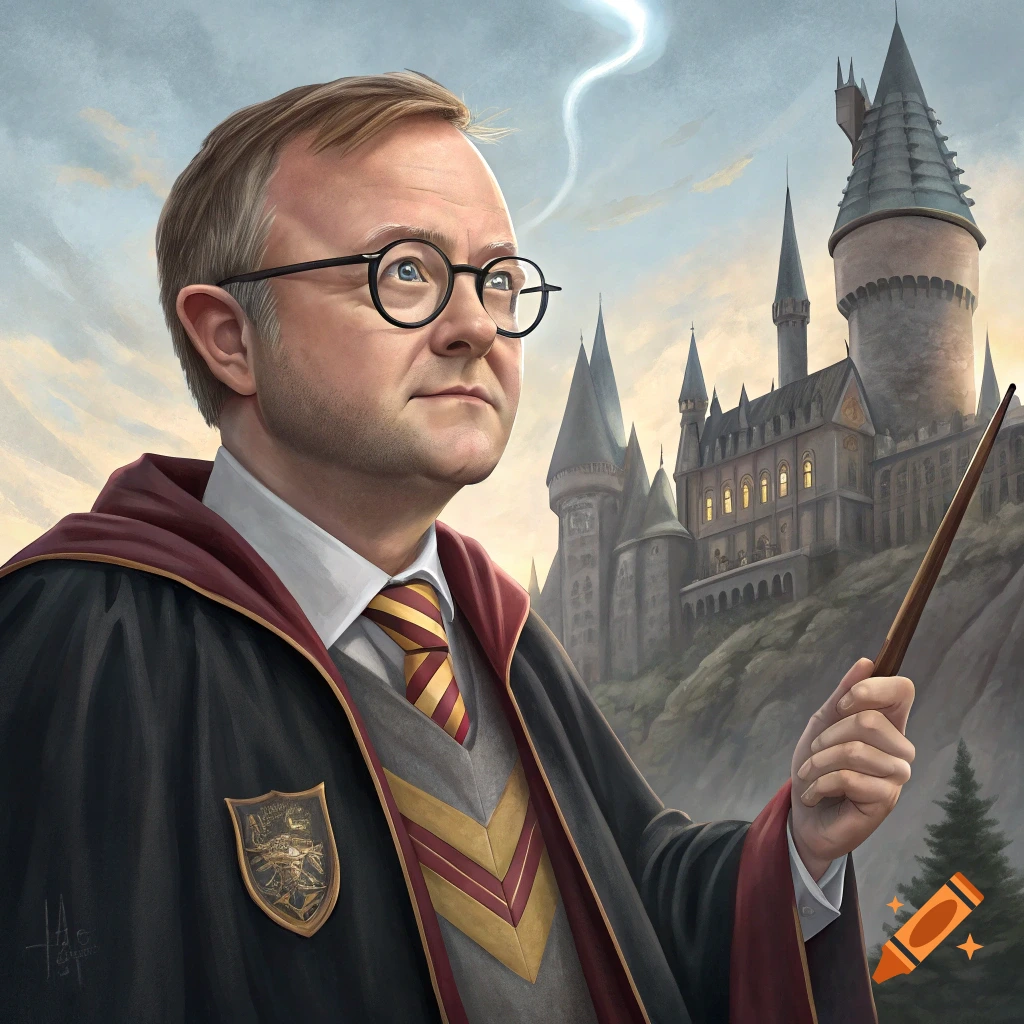 Portrait of a man resembling Anthony Albanese dressed as Harry Potter, holding a wand in front of a castle.