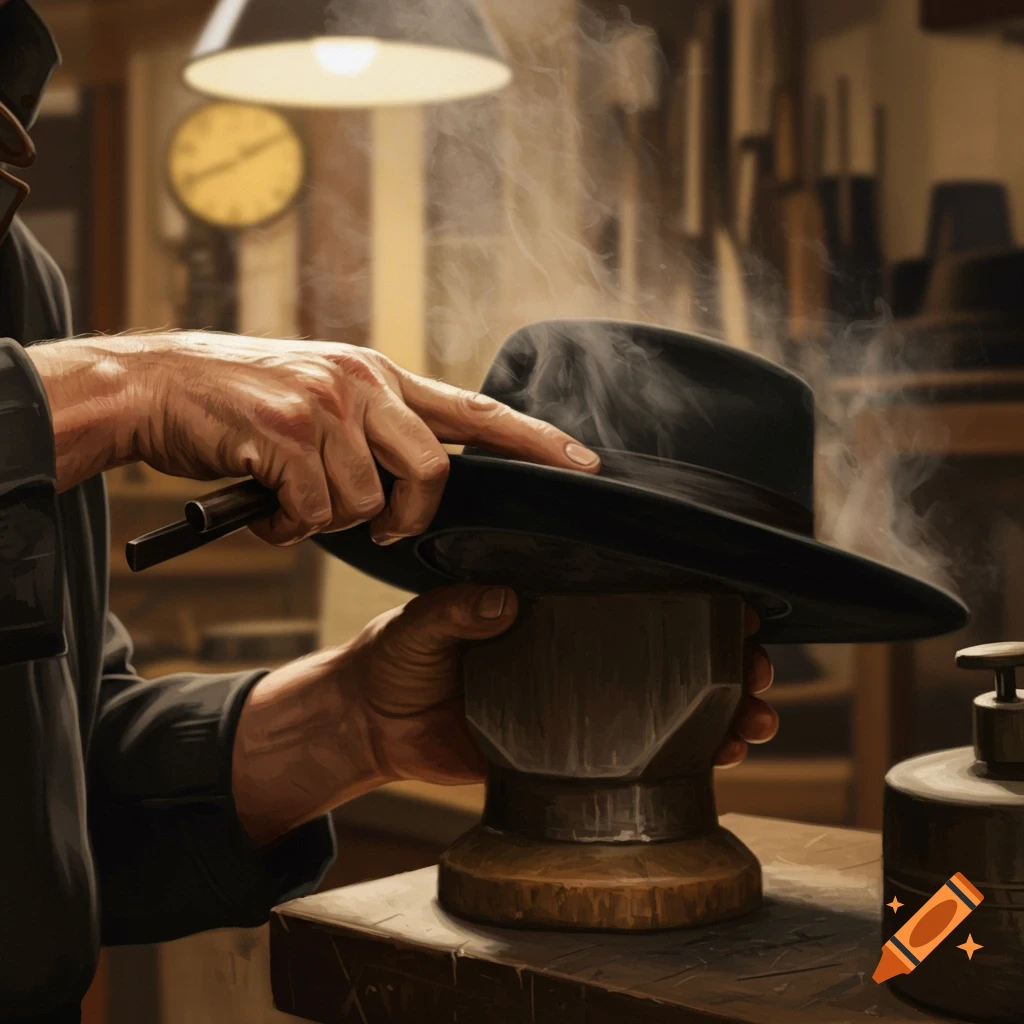An artisan shaping a black hat with steam rising in a workshop.