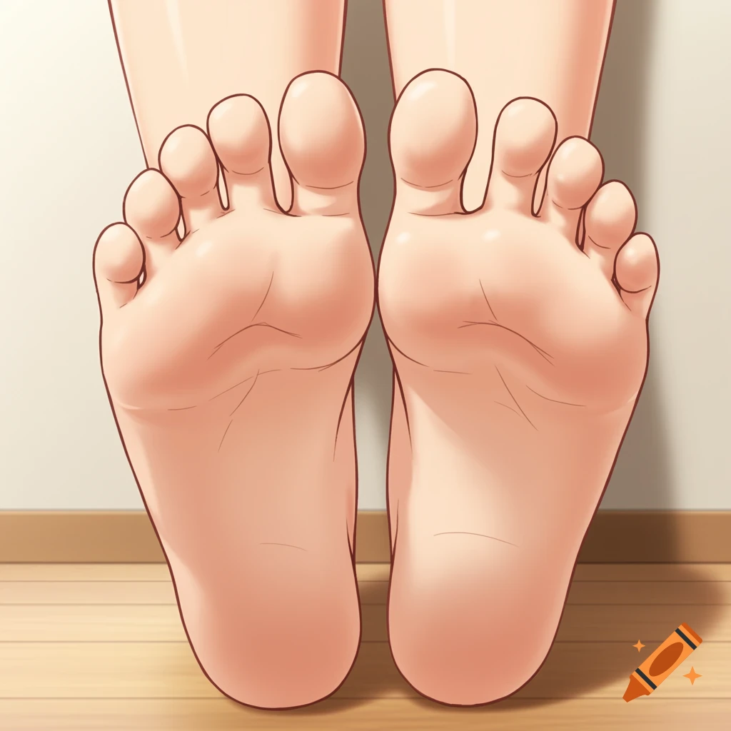 Close-up illustration in anime style showing the soles of bare feet standing on a wooden floor.