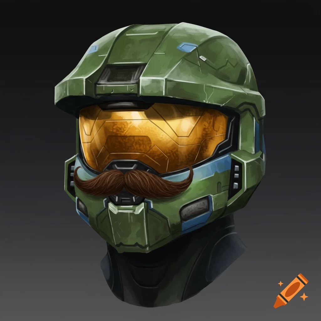 A green Halo Spartan helmet with a mustache on its visor.