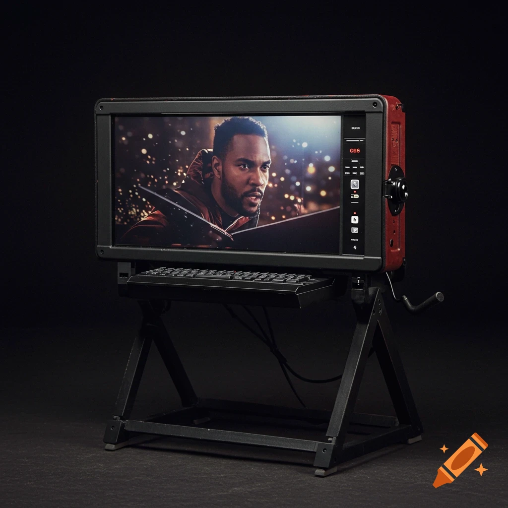 Photorealistic image of a production monitor on a stand with a keyboard, displaying a man's face.
