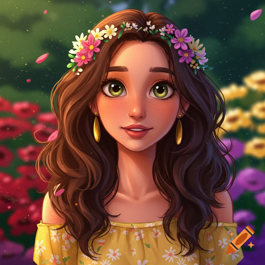 Illustrated portrait of a young woman with a flower crown in a field of flowers.