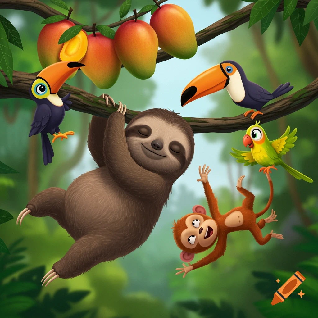 Cartoon sloth hangs on a branch with mangoes and jungle animals: a monkey, two toucans, and a parrot.