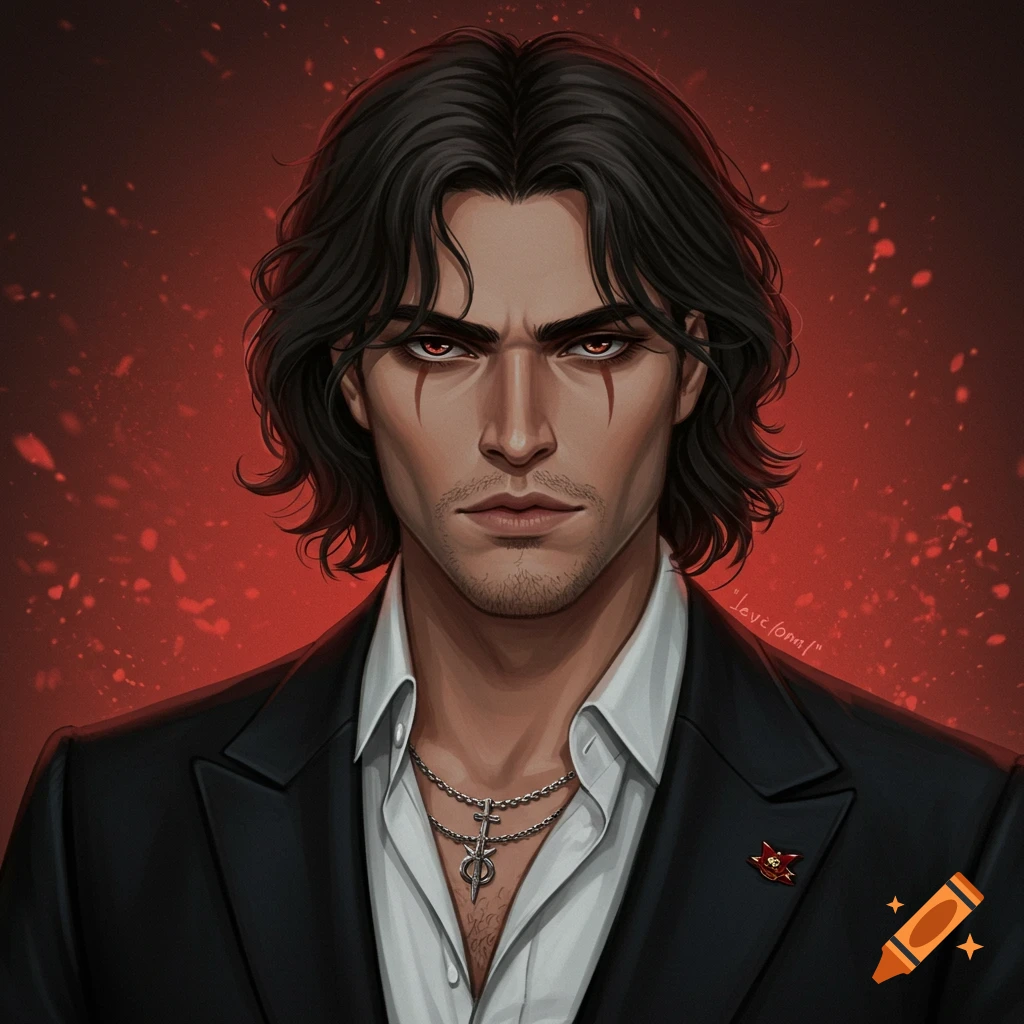 Portrait of a man with dark hair, red eyes, face paint, suit, and necklaces on a red background.