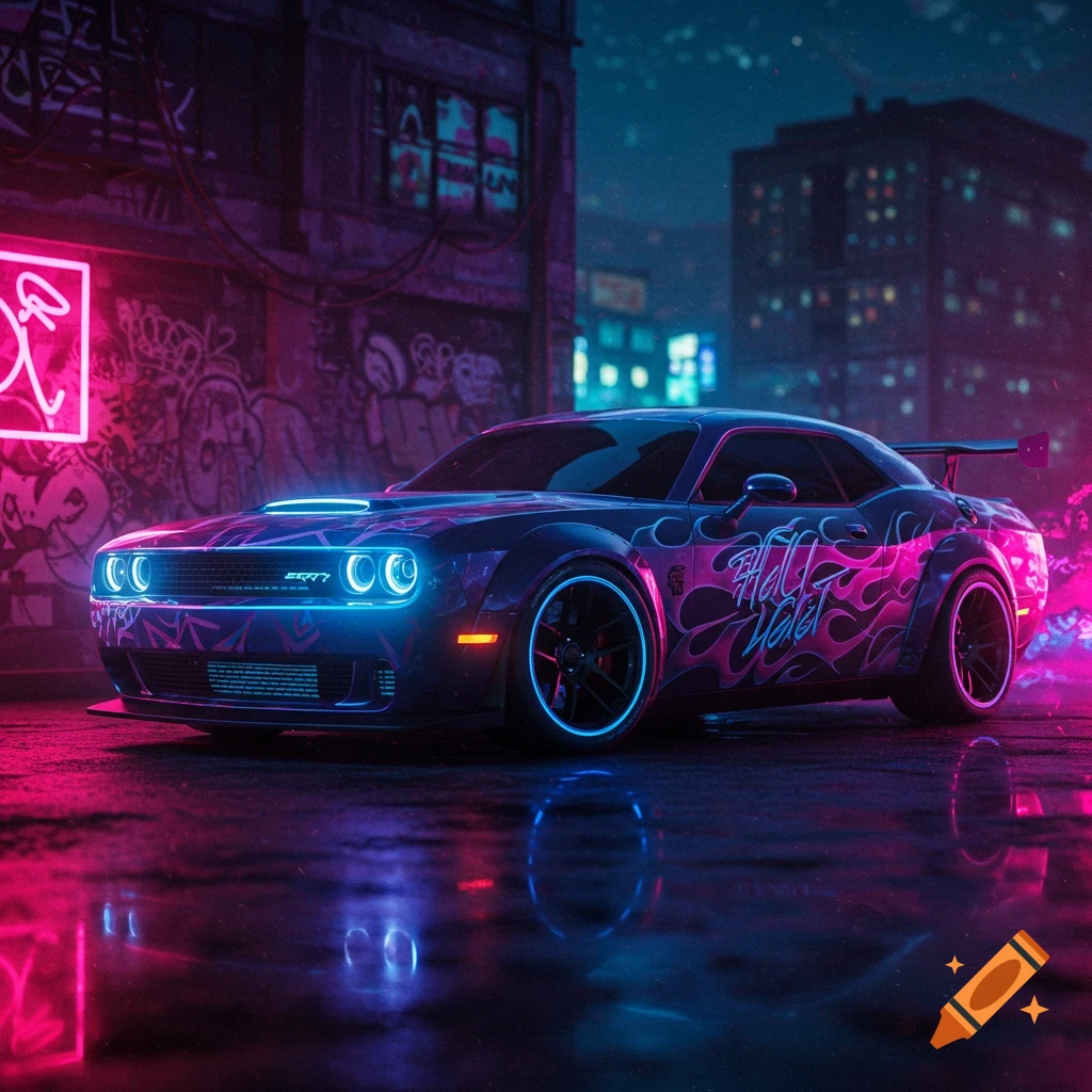 A custom car with neon lights and flame decals is parked on a wet street in a neon cyberpunk city at night.