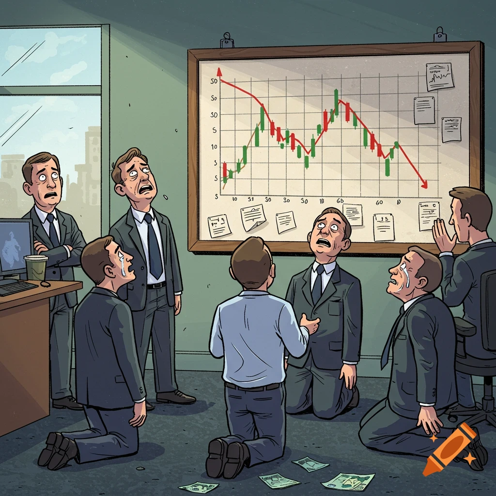 Cartoony image of sad businessmen reacting to a stock market crash graph in an office.