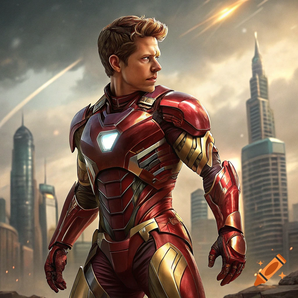 Matt Czuchry in an Iron Man suit stands in a futuristic city.