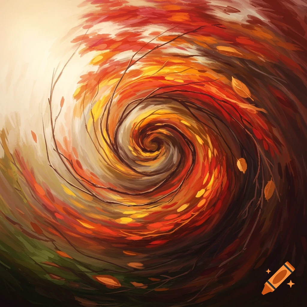 Abstract painting of swirling autumn leaves and branches