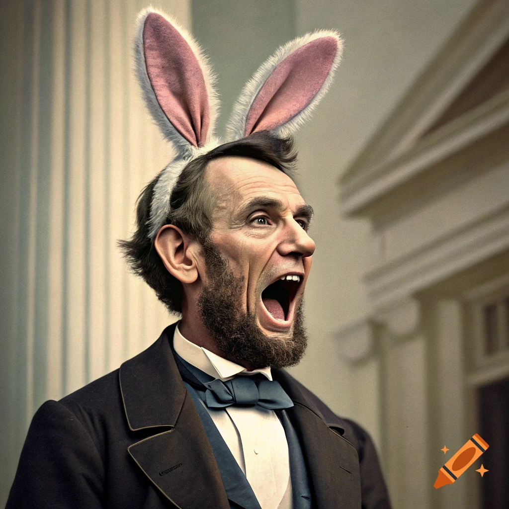 Abraham Lincoln screaming and wearing bunny ears