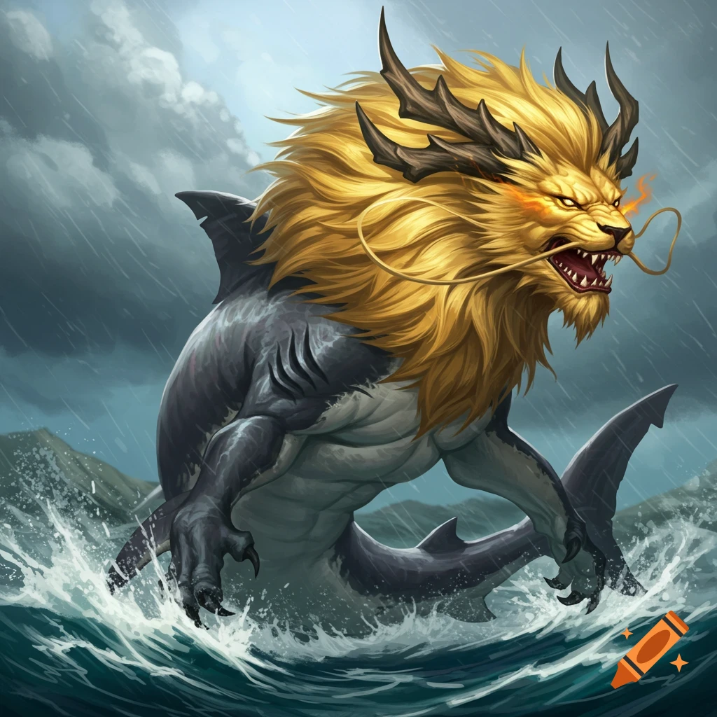 A hybrid shark-dragon-lion creature leaps from stormy water.