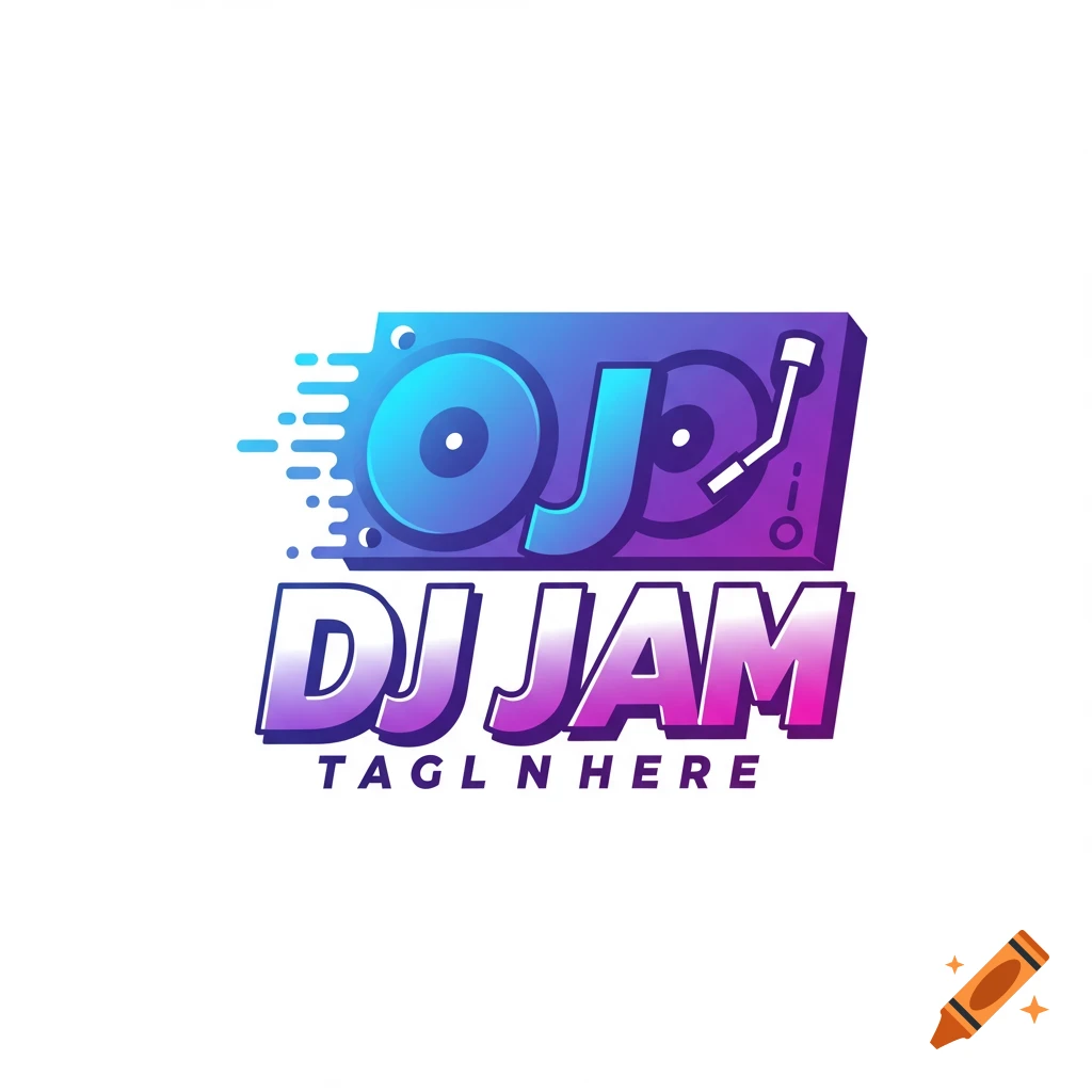 DJ Jam logo with a record player and text in gradient purple and blue colors.