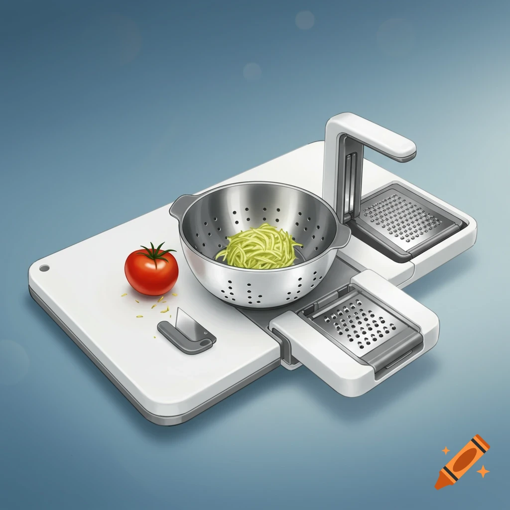 Digital illustration of a multi-tool kitchen gadget with tomato and zucchini noodles.
