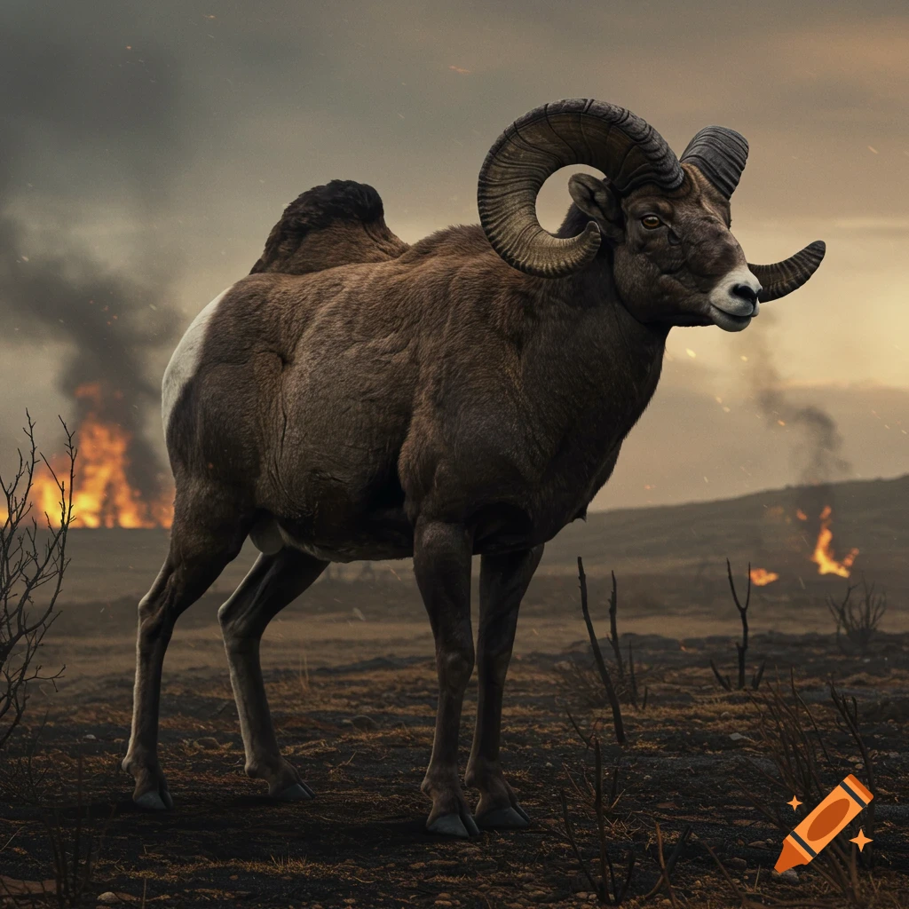 A ram-like creature with a hump and large horns stands in a burnt landscape with fire.
