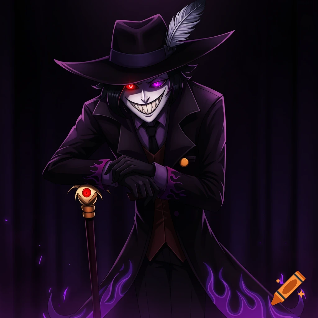 Anime cartoon character in suit and fedora with red and purple eyes, leaning on a cane, with purple flames.