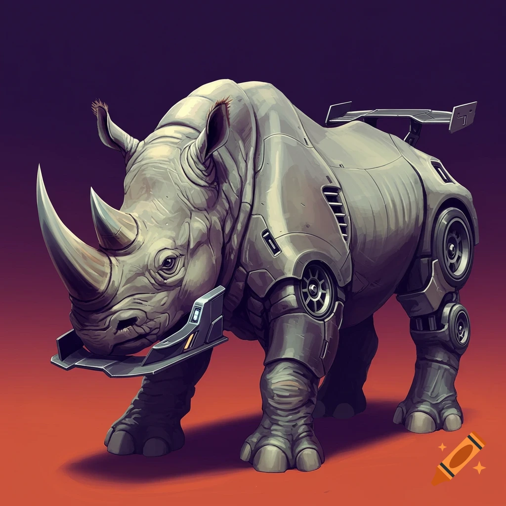 A rhinoceros combined with racecar parts like wheels and a spoiler