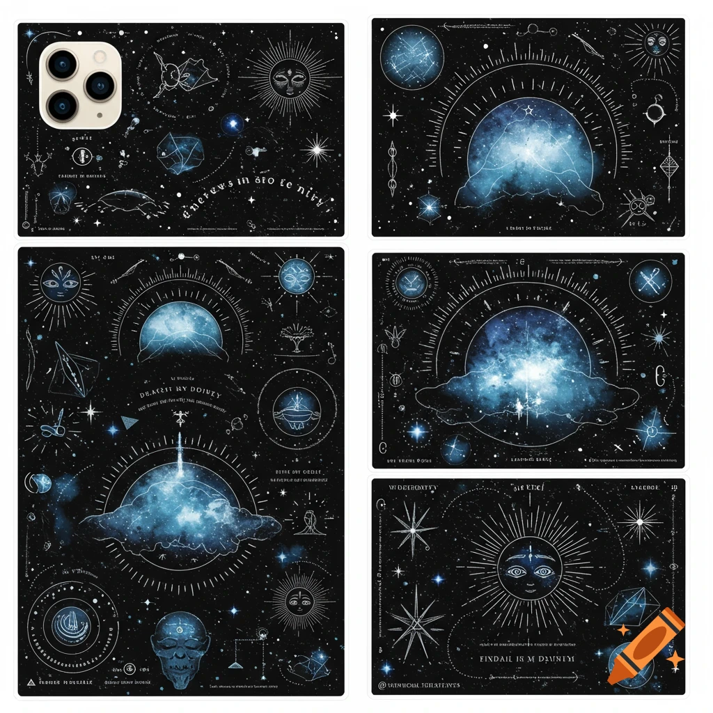 Six illustrative panels with cosmic and astrological designs on black, featuring suns, stars, nebulas, and symbols.