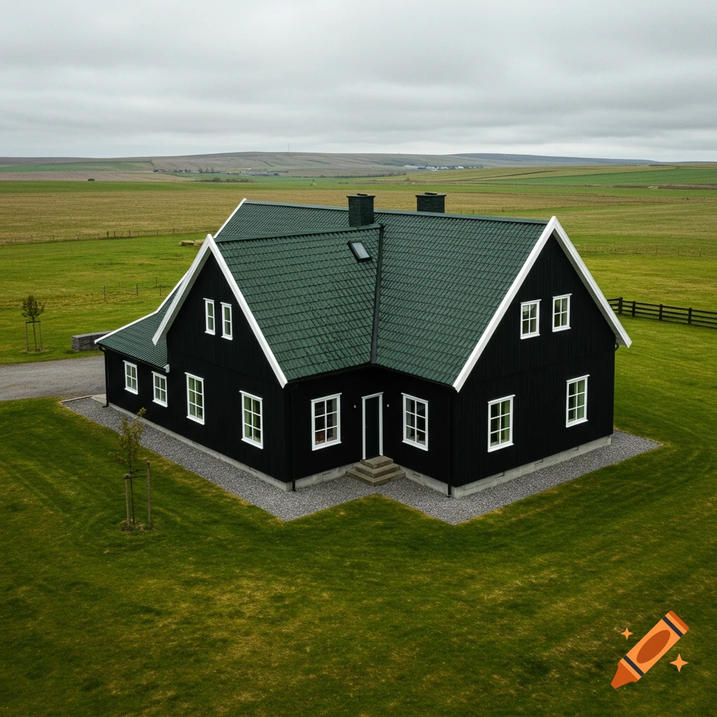 A black farmhouse with a green roof in a grassy field under a cloudy sky.