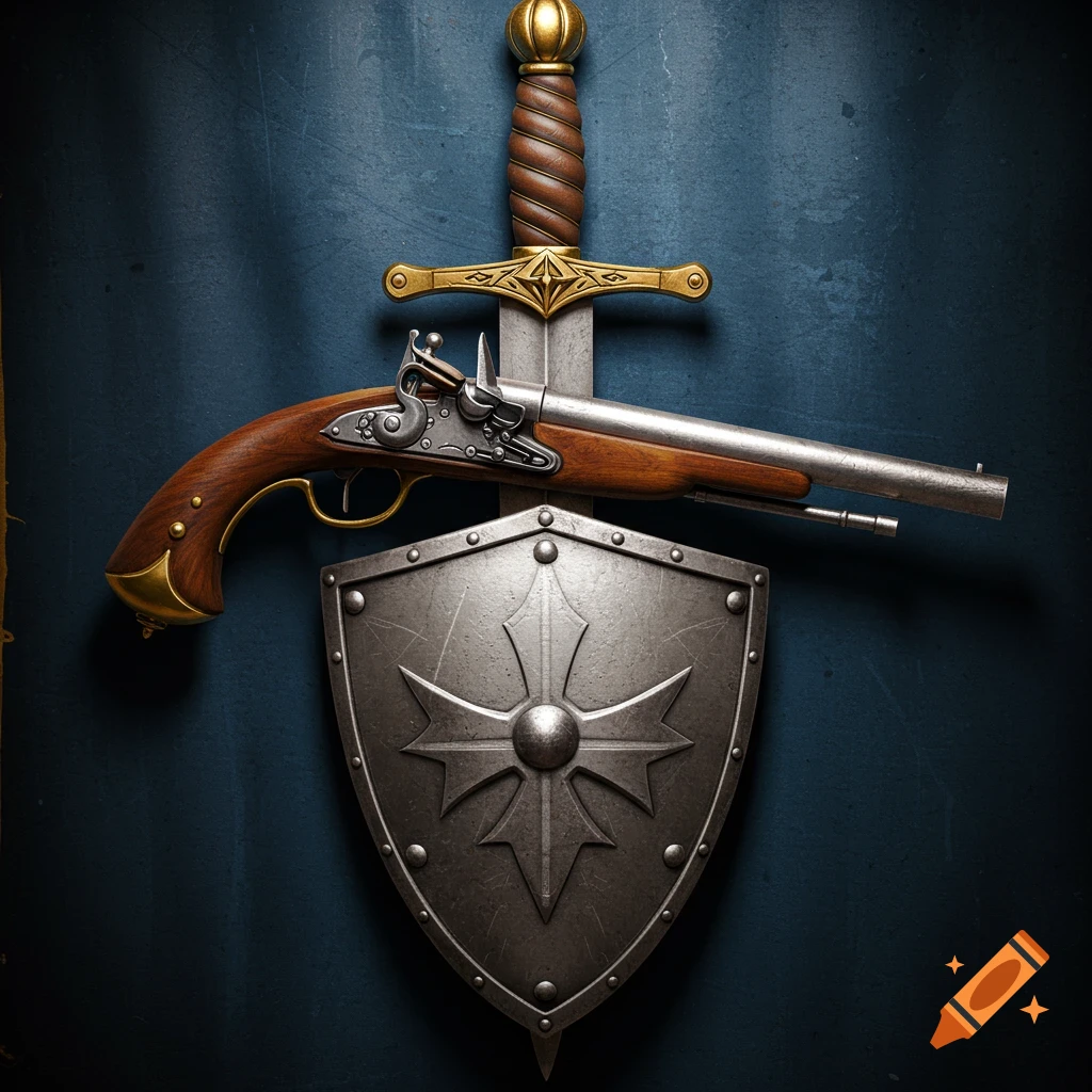 A sword, flintlock pistol, and shield arranged against a dark blue background.
