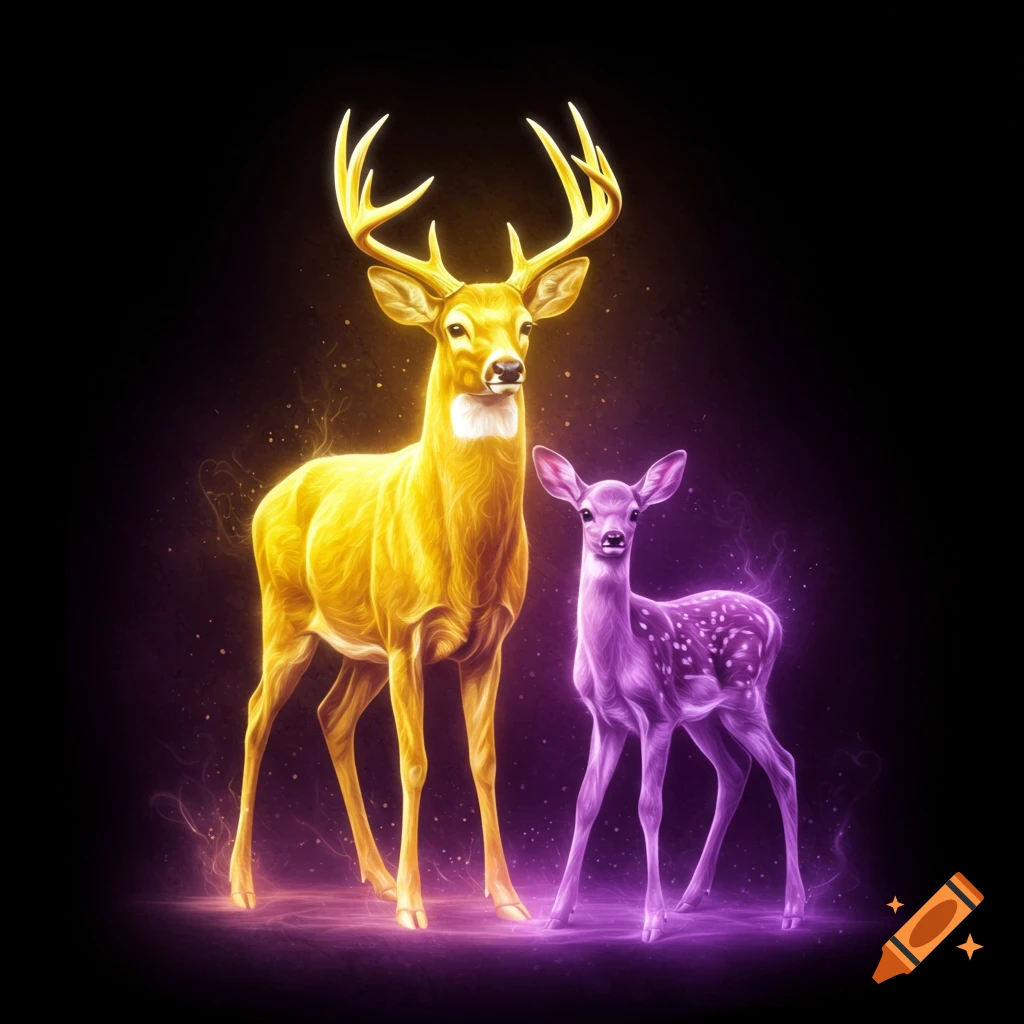 Golden and purple glowing spirit deer against a black background
