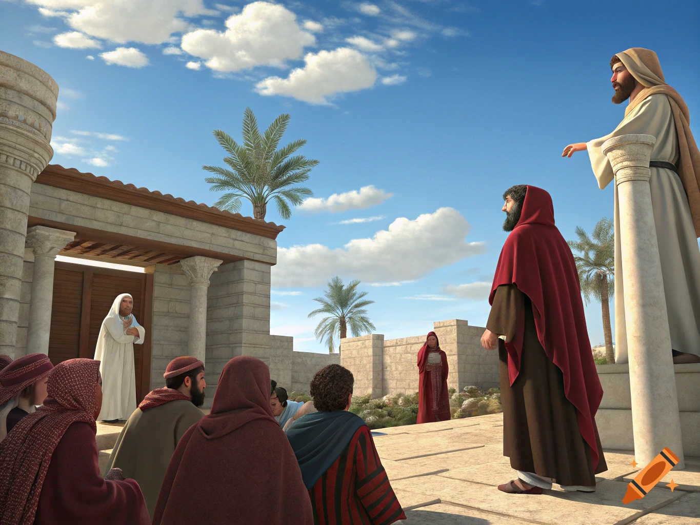 3D render of biblical figures talking in a courtyard with pillars and palm trees under a blue sky.