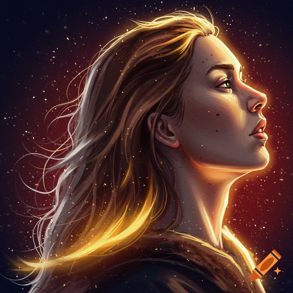A person in profile looking up, illuminated by golden light with glowing particles.