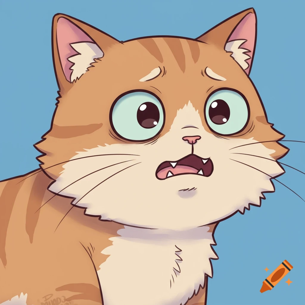 Close-up of a worried orange tabby cat in cartoon style.