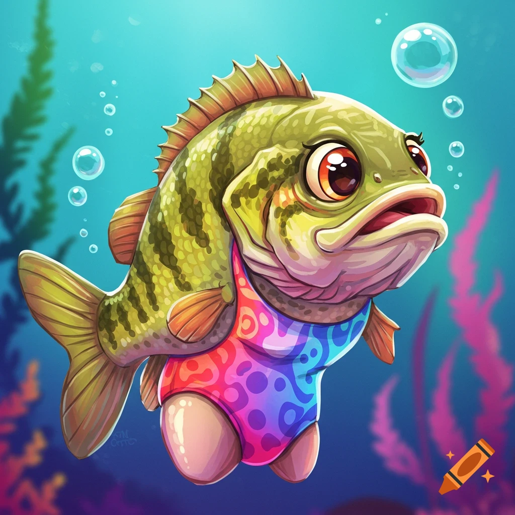 A cartoon bass fish wearing a colorful swimsuit swims underwater.