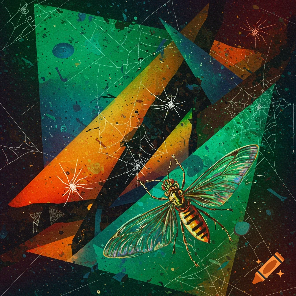 An insect, spiders, and webs over colorful abstract shapes.