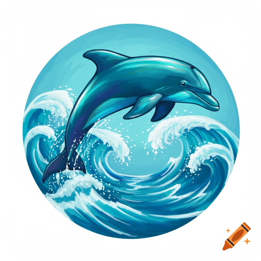 A blue dolphin leaping from waves inside a circle