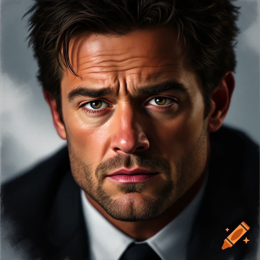 Close-up portrait of a man in a suit with brown hair and green eyes looking serious