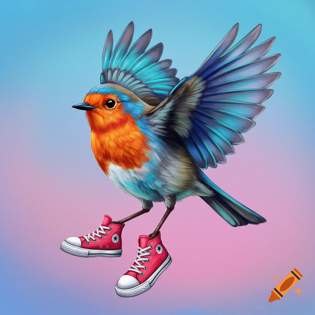 A colorful bird flying while wearing red high-top sneakers.