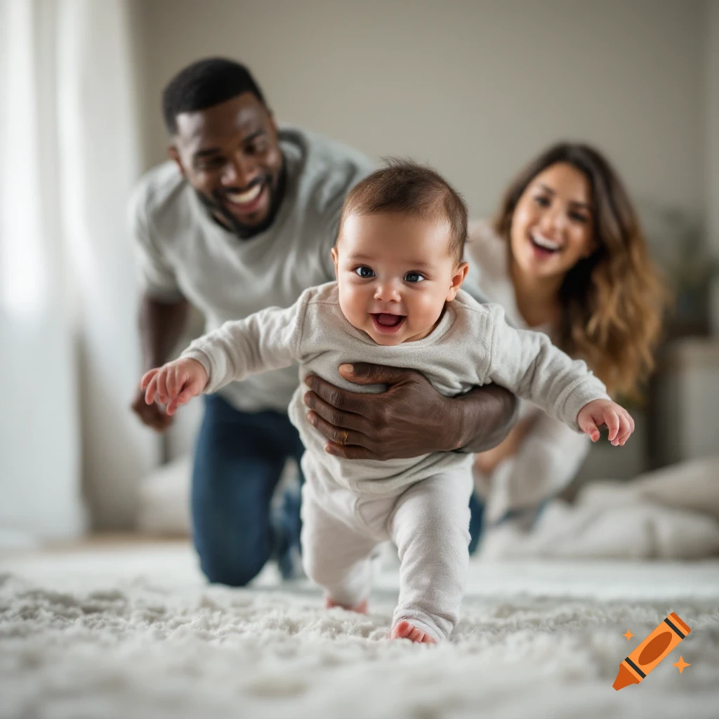 A father holds his baby as the mother smiles behind them.