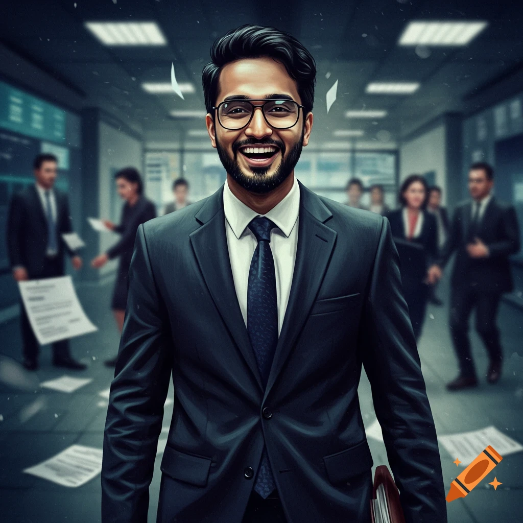 A smiling man in a suit walks through a chaotic office with papers flying.