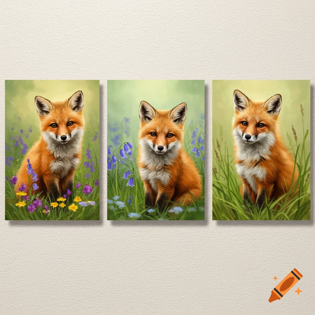 triptych of three cute young foxes sitting in a field of purple and yellow wildflowers.