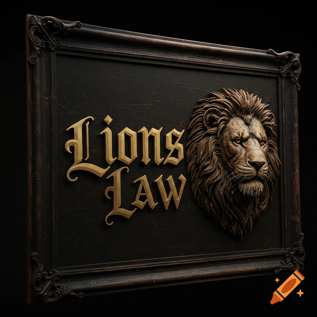 A bronze lion head relief next to 'Lions Law' text on a dark framed plaque.