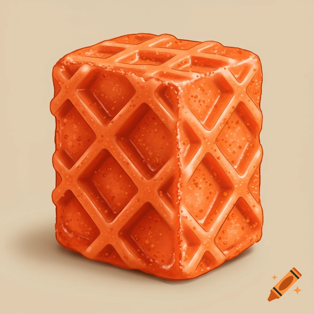 An orange cube-shaped marshmallow with a waffle texture