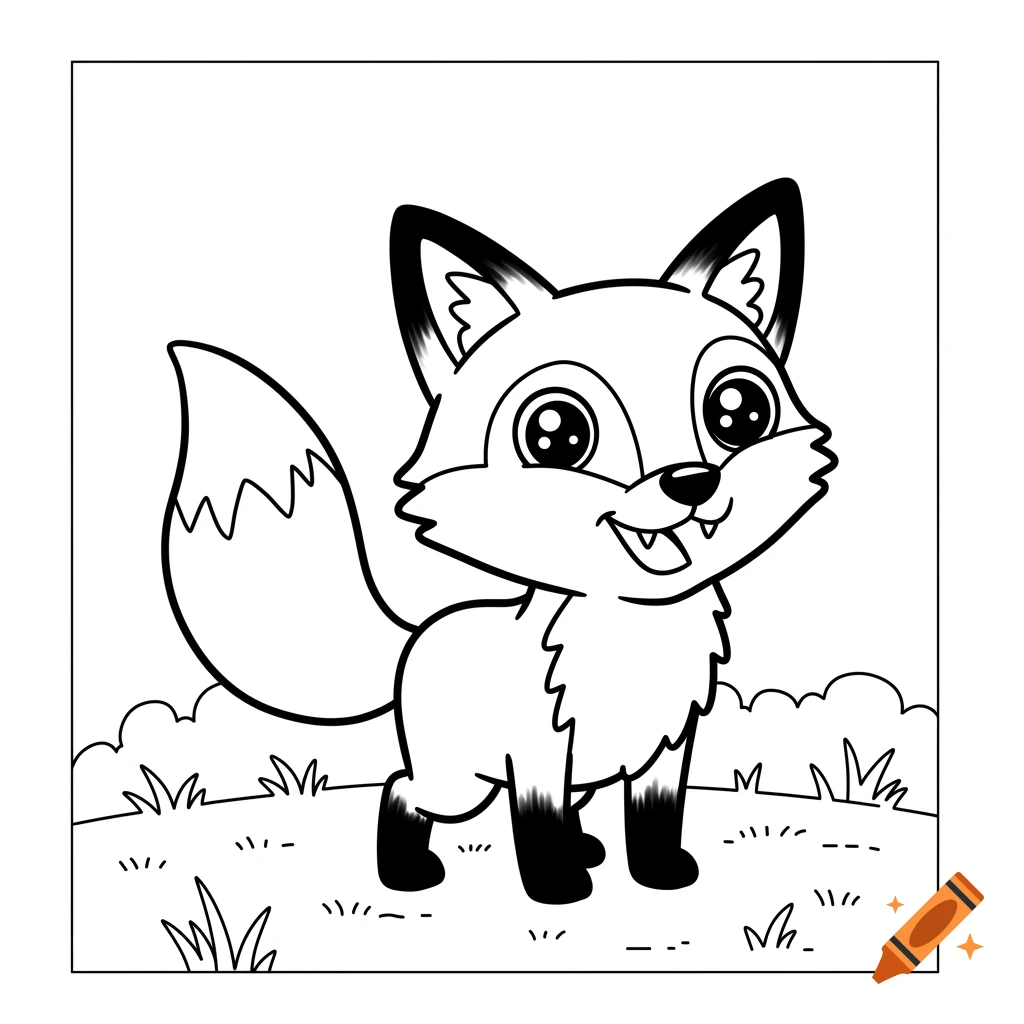 A cartoon fox line drawing for a coloring book.