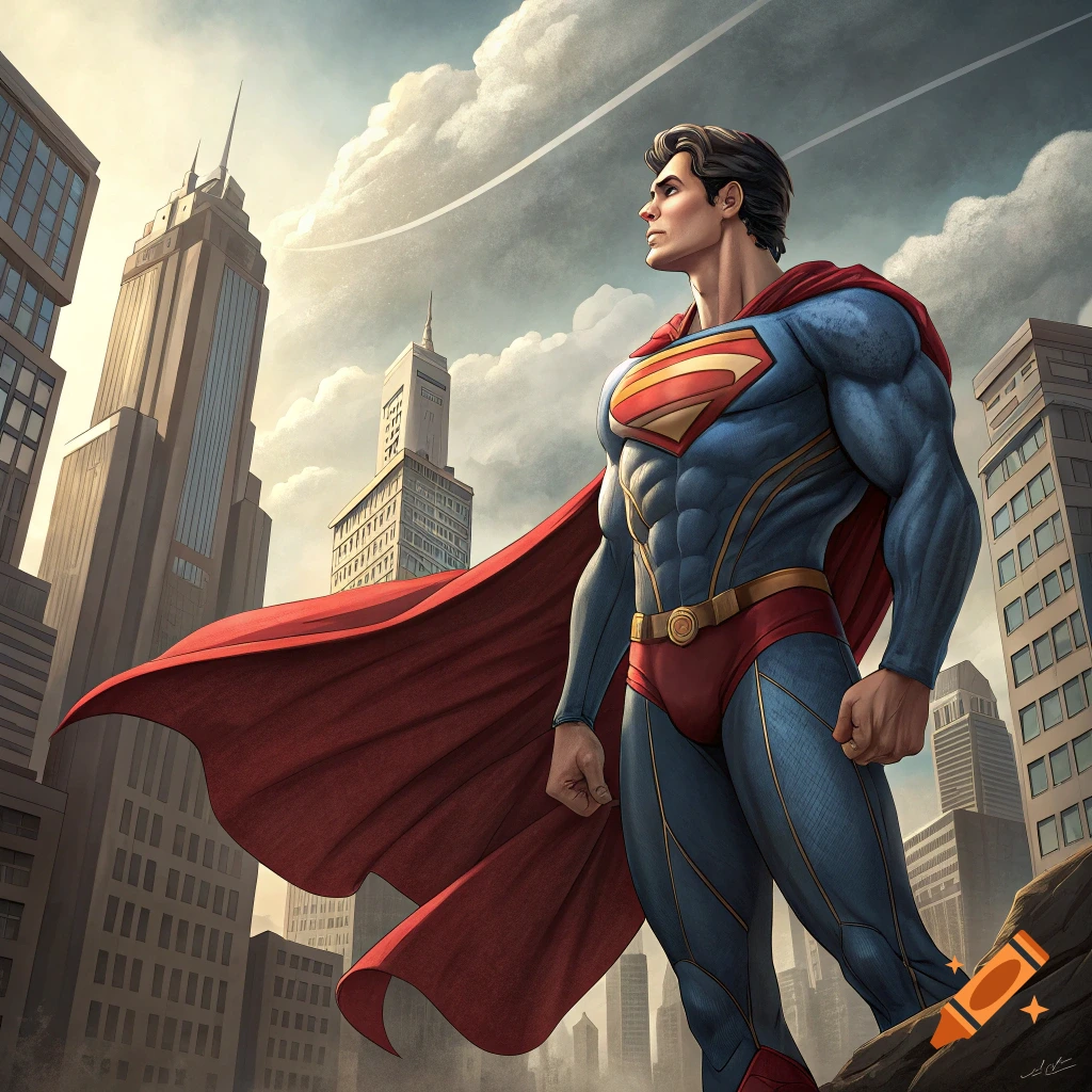Superman stands overlooking a city skyline.