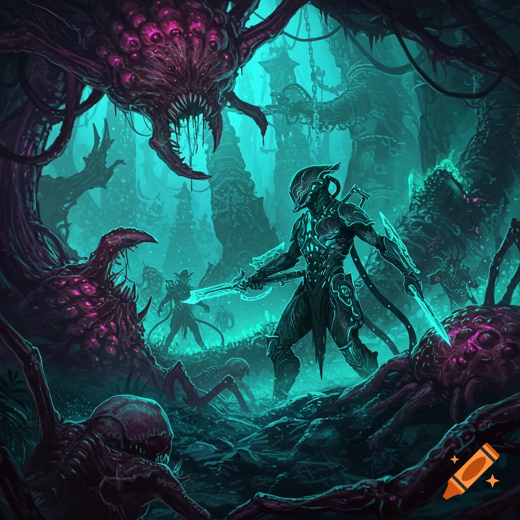 A warrior fighting grotesque creatures in a dark, alien landscape.