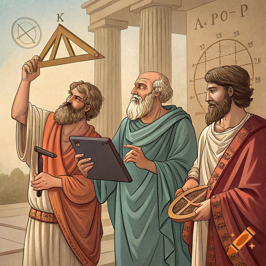 Illustration of three ancient scholars examining geometric tools and diagrams