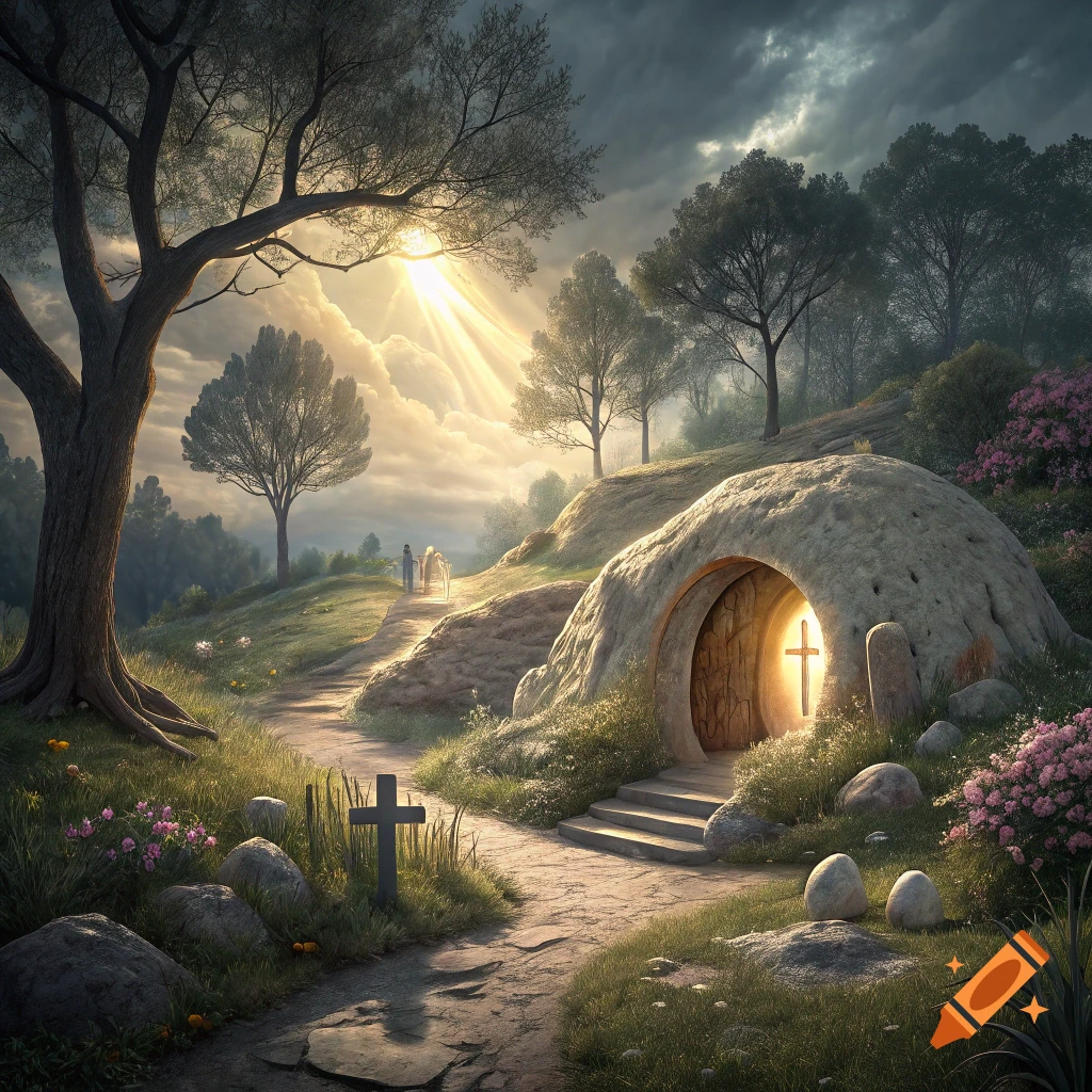 Empty stone tomb with glowing cross inside, bathed in sunlight. A path leads past a cross toward figures in a hilly landscape.