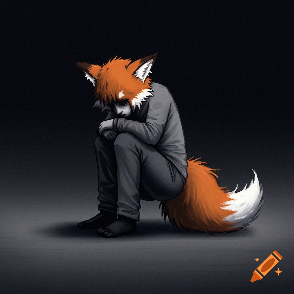 A person with fox ears and tail is sitting huddled up, looking down sadly in a dark room.