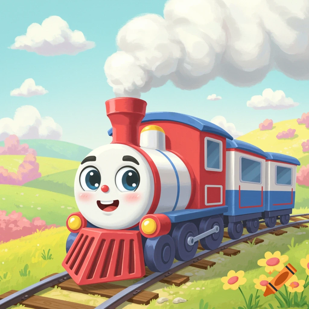 A cute cartoon train with a smiling face puffs smoke as it rolls along tracks in a cheerful, hilly landscape with flowers.