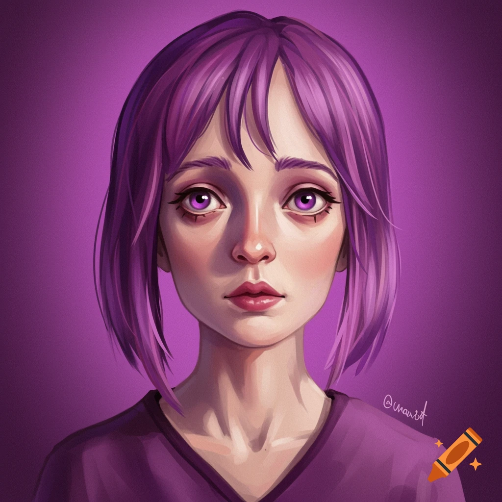 Portrait of a girl with purple hair and eyes on a purple background.