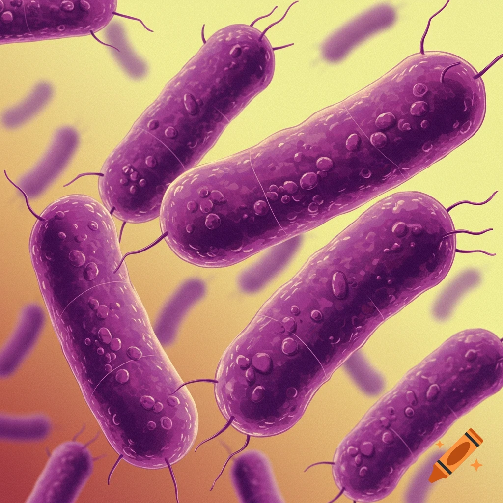 Purple rod-shaped bacteria floating against a yellow background.