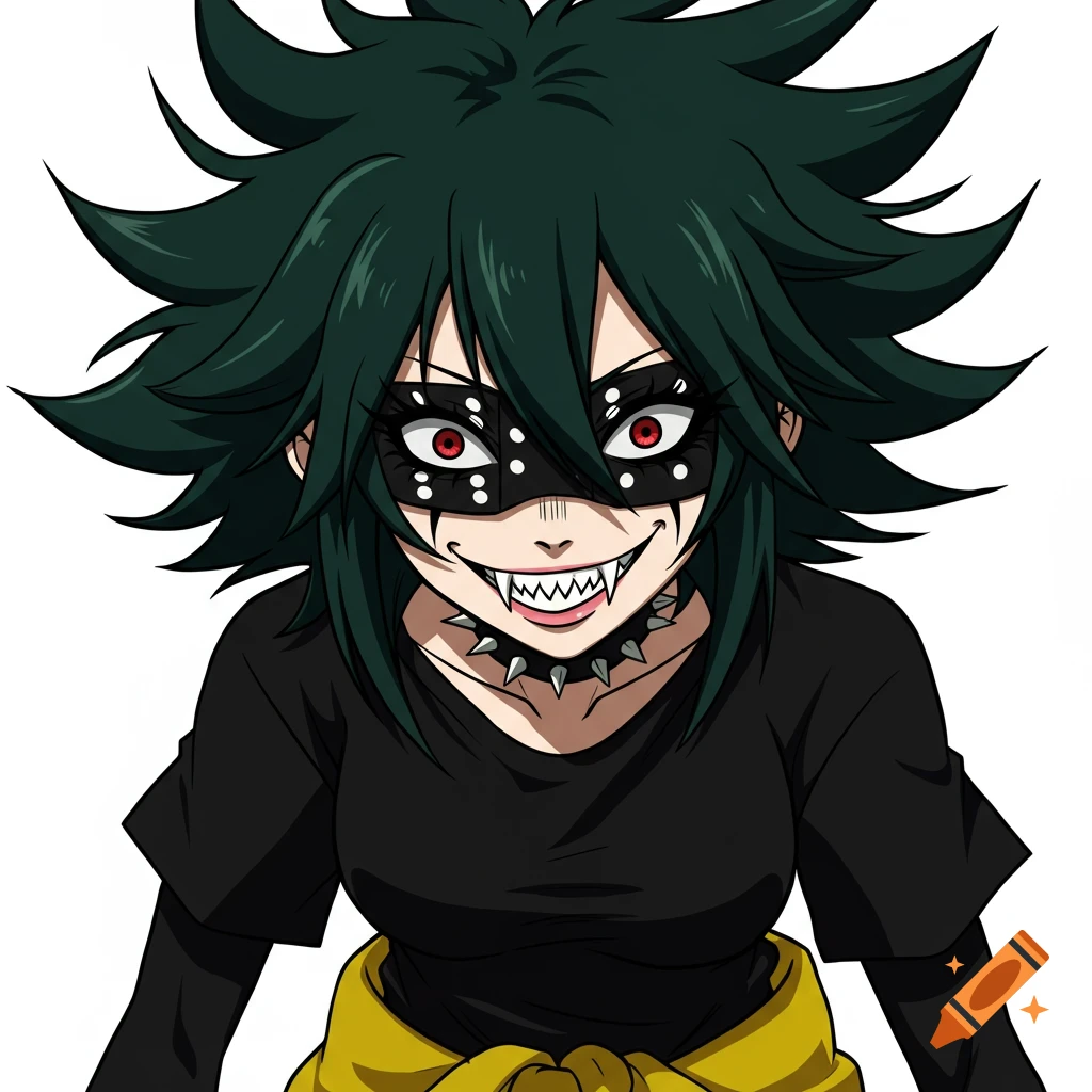 An anime character with spiky dark green hair, a black domino mask with white dots, sharp teeth, and a crazed grin.