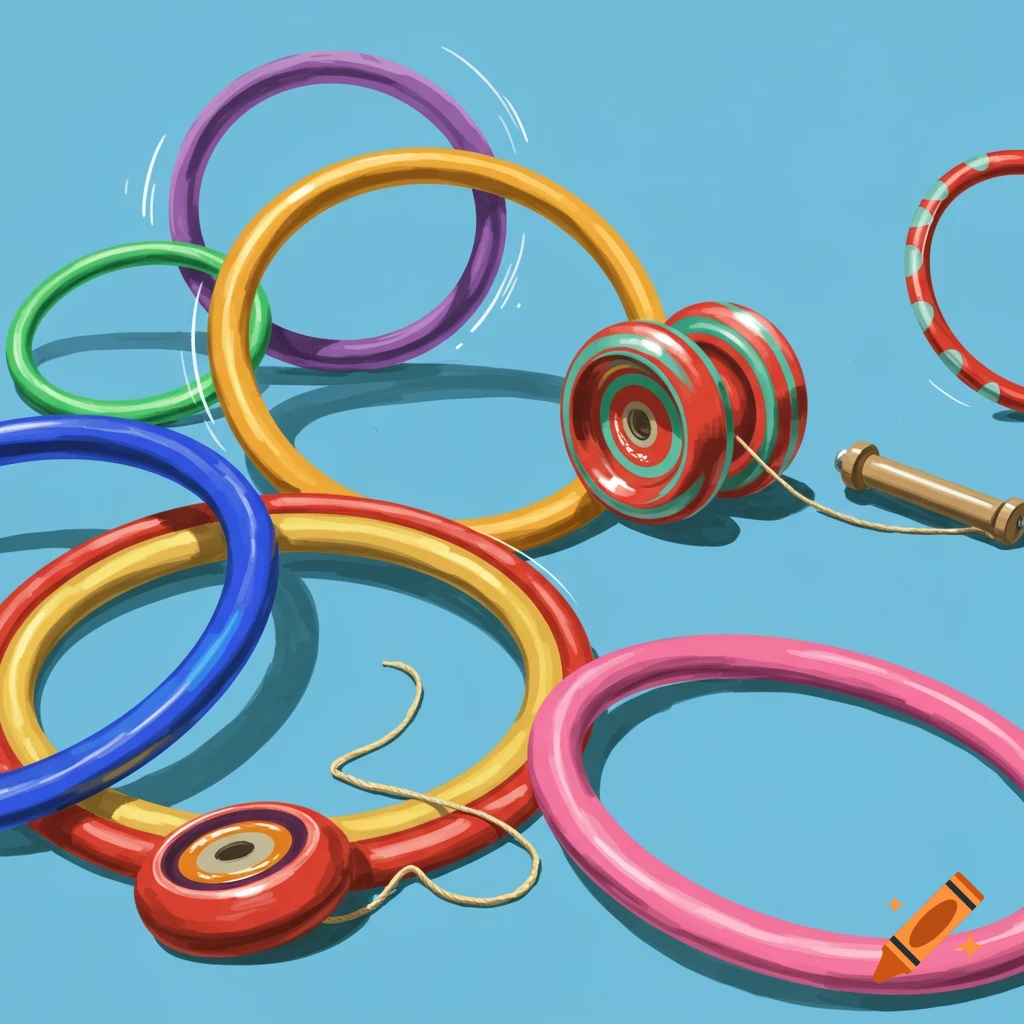 Colourful hoops and yo-yos on a blue background.