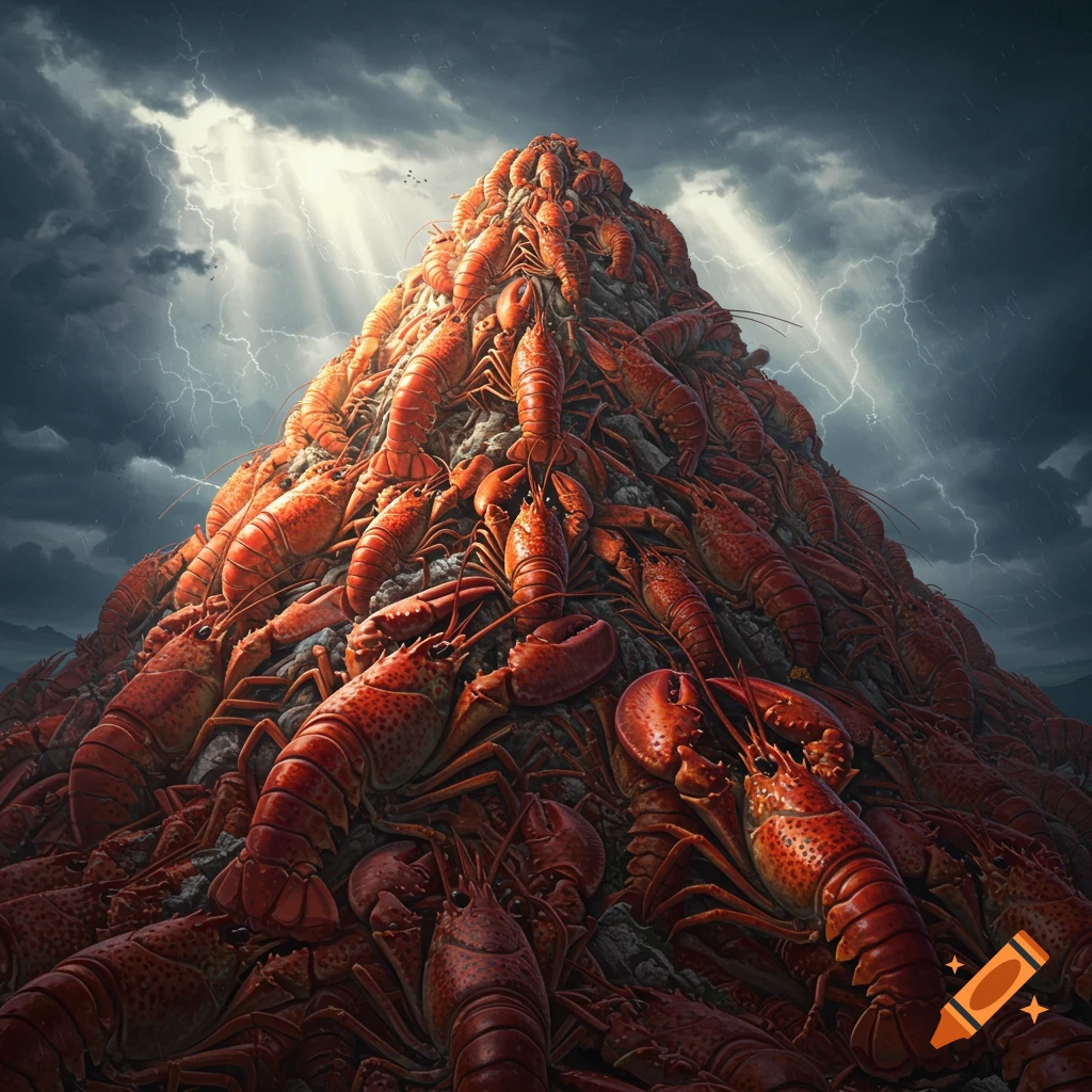 A giant mountain made of red lobsters under a stormy sky with lightning.