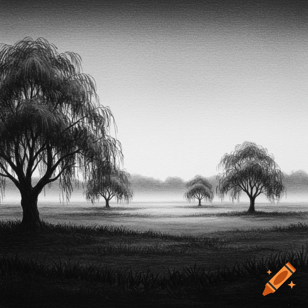 Black and white charcoal drawing of willow trees in a misty field.