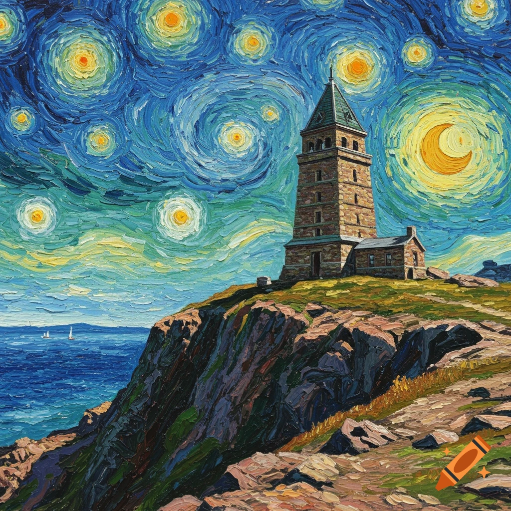 A Starry Night style painting of a stone tower on a cliff overlooking the sea.